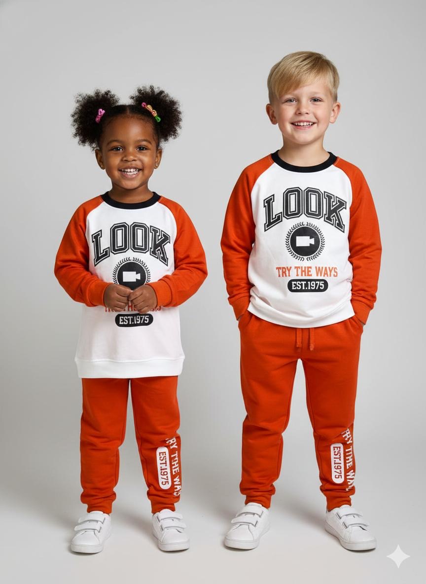 Kids Orange & White Printed Full Sleeve Tracksuit Set (Top & Bottom)