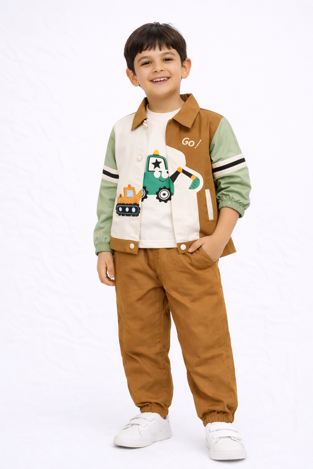 Kids 3 Piece Jacket Set – Go! Cartoon Print (Brown)