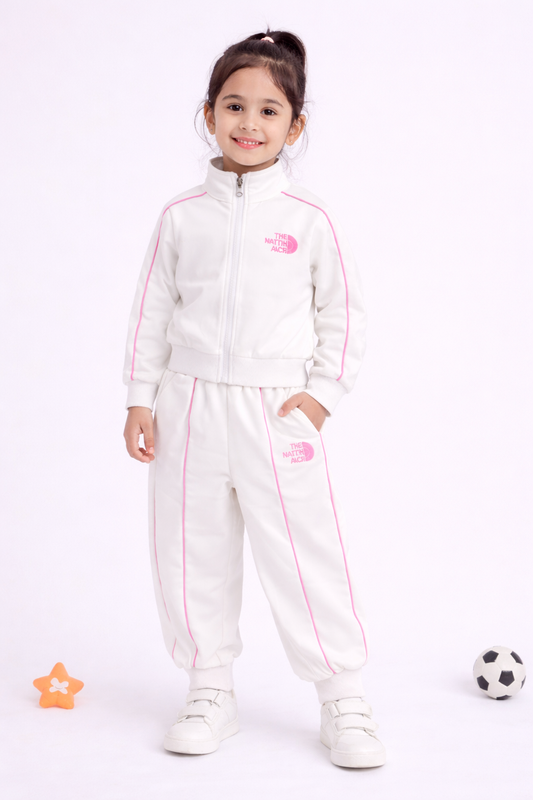 Kids White Full Sleeve Winter Tracksuit Set (Jacket + Pant)