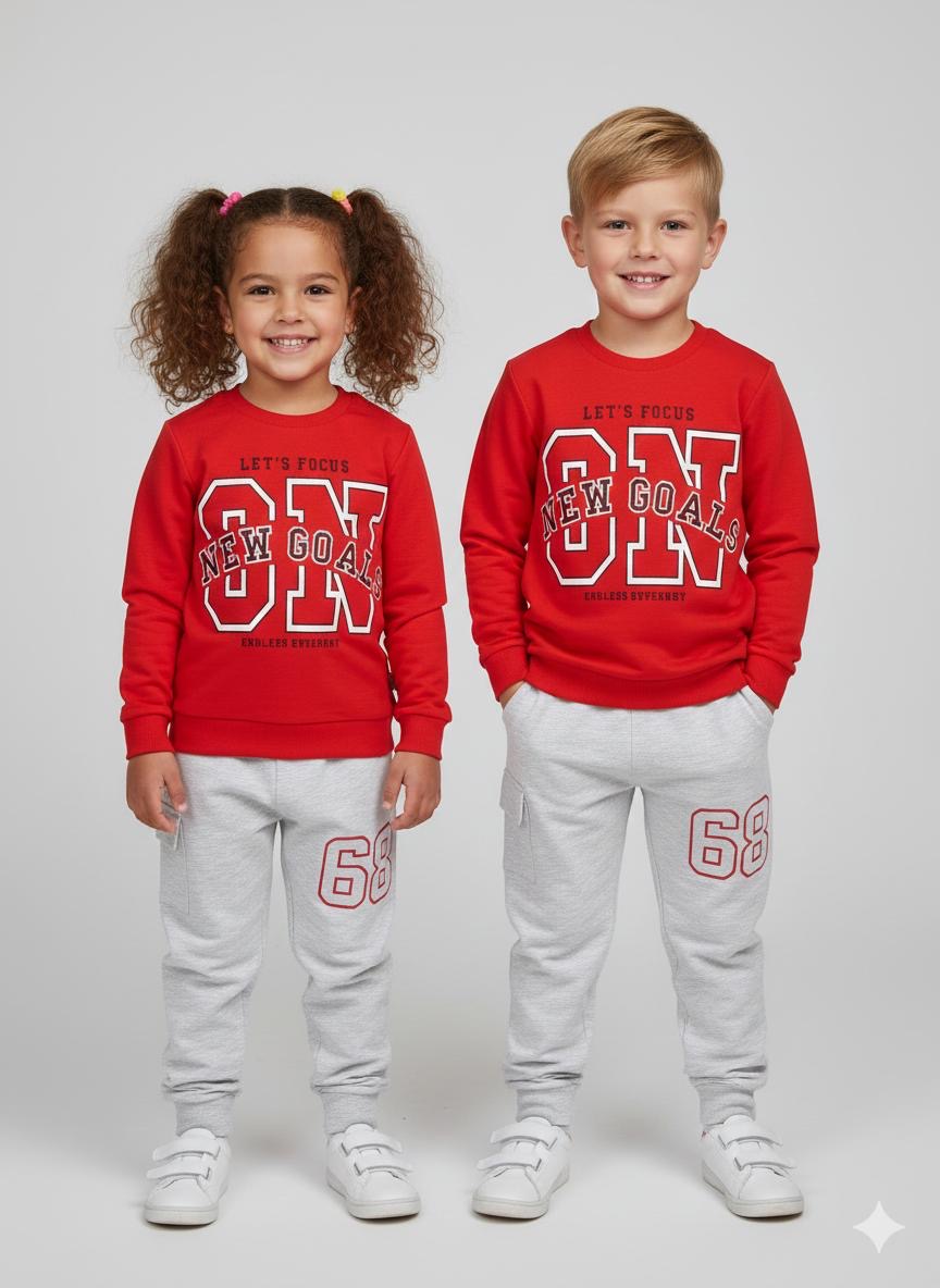 Kids Red Printed Full Sleeve Tracksuit Set (Top & Bottom)