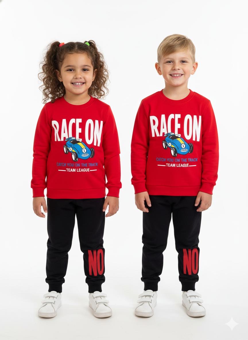 Kids Red Car Print Full Sleeve Tracksuit Set (Top & Bottom)