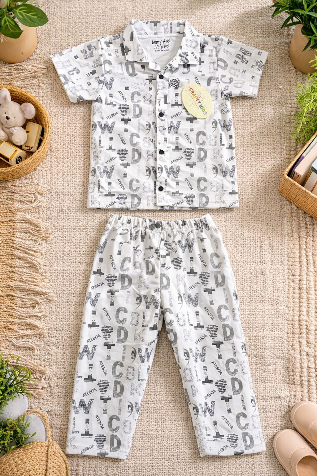 Kids Printed Night Suit Set (Shirt + Pant) – White Typography Print