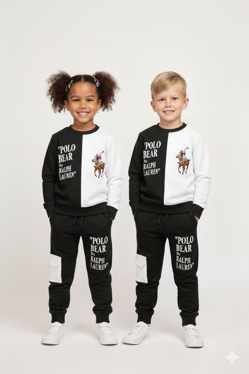 Kids Black & White Color Block Full Sleeve Tracksuit Set (Top & Bottom)
