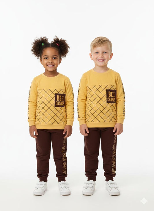 Kids Yellow Printed Full Sleeve Tracksuit Set (Top & Bottom)