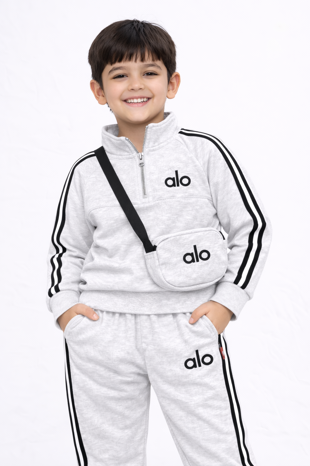 Kids Premium Co-ord Set with Sling Bag (Grey)