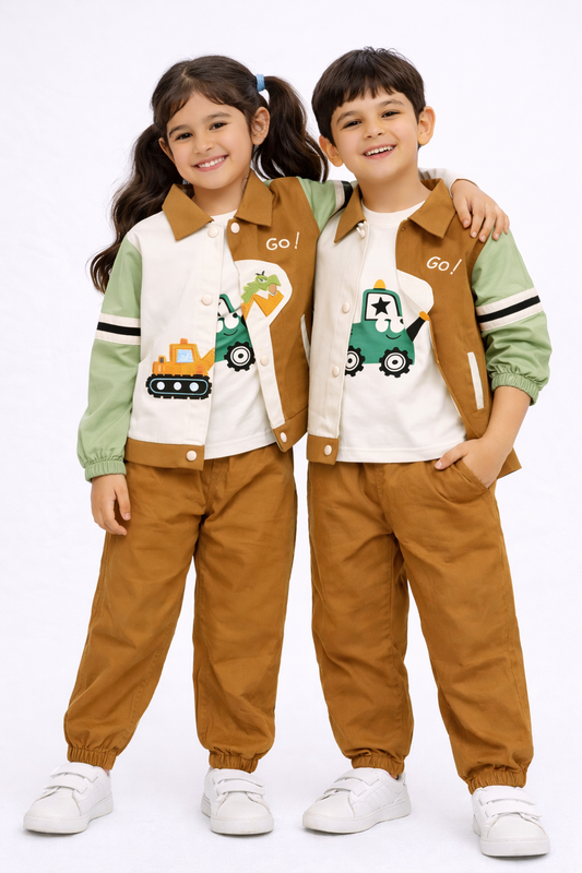 Kids 3 Piece Jacket Set – Go! Cartoon Print (Brown)