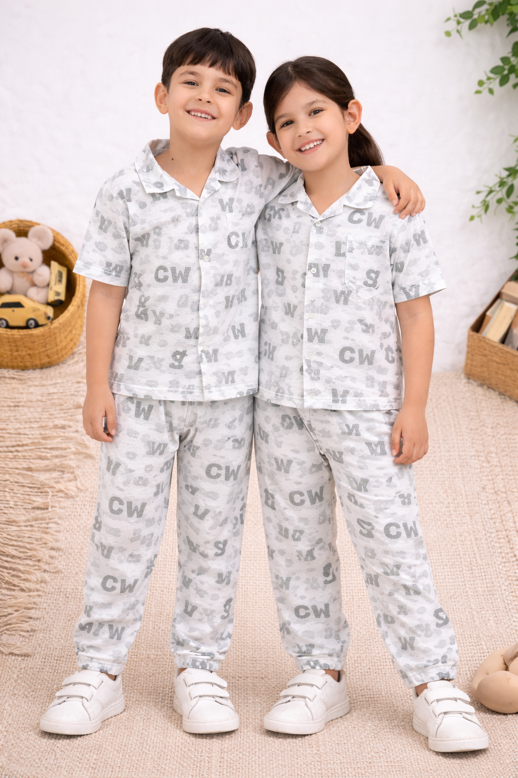 Kids Printed Night Suit Set (Shirt + Pant) – White Typography Print