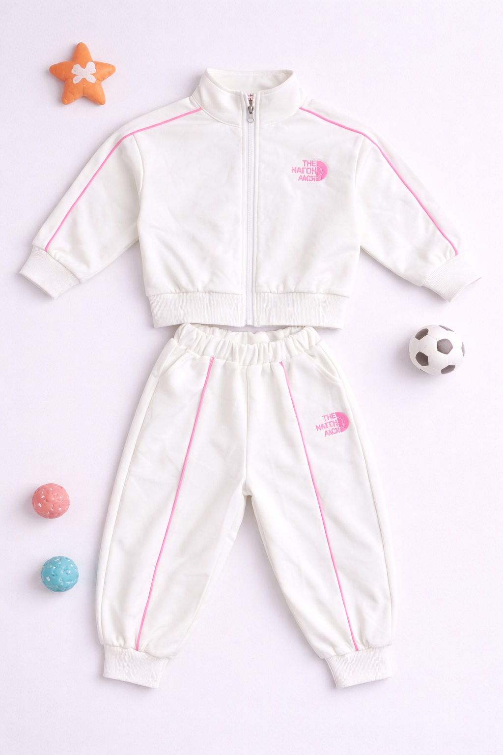 Kids White Full Sleeve Winter Tracksuit Set (Jacket + Pant)