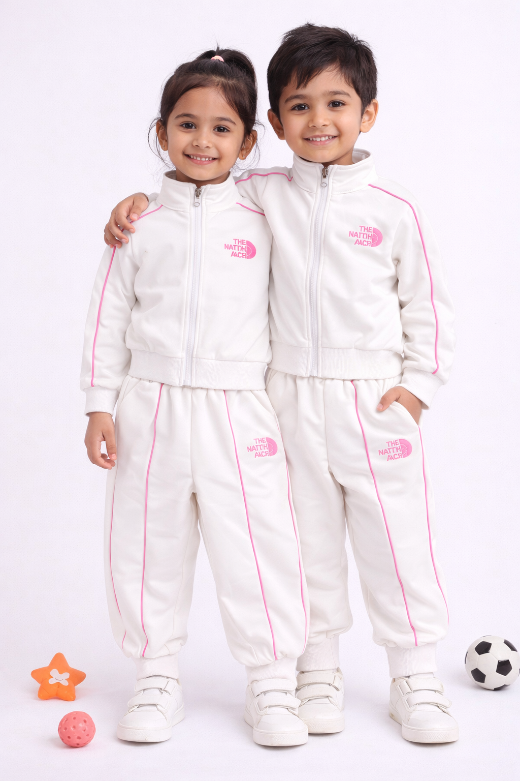 Kids White Full Sleeve Winter Tracksuit Set (Jacket + Pant)