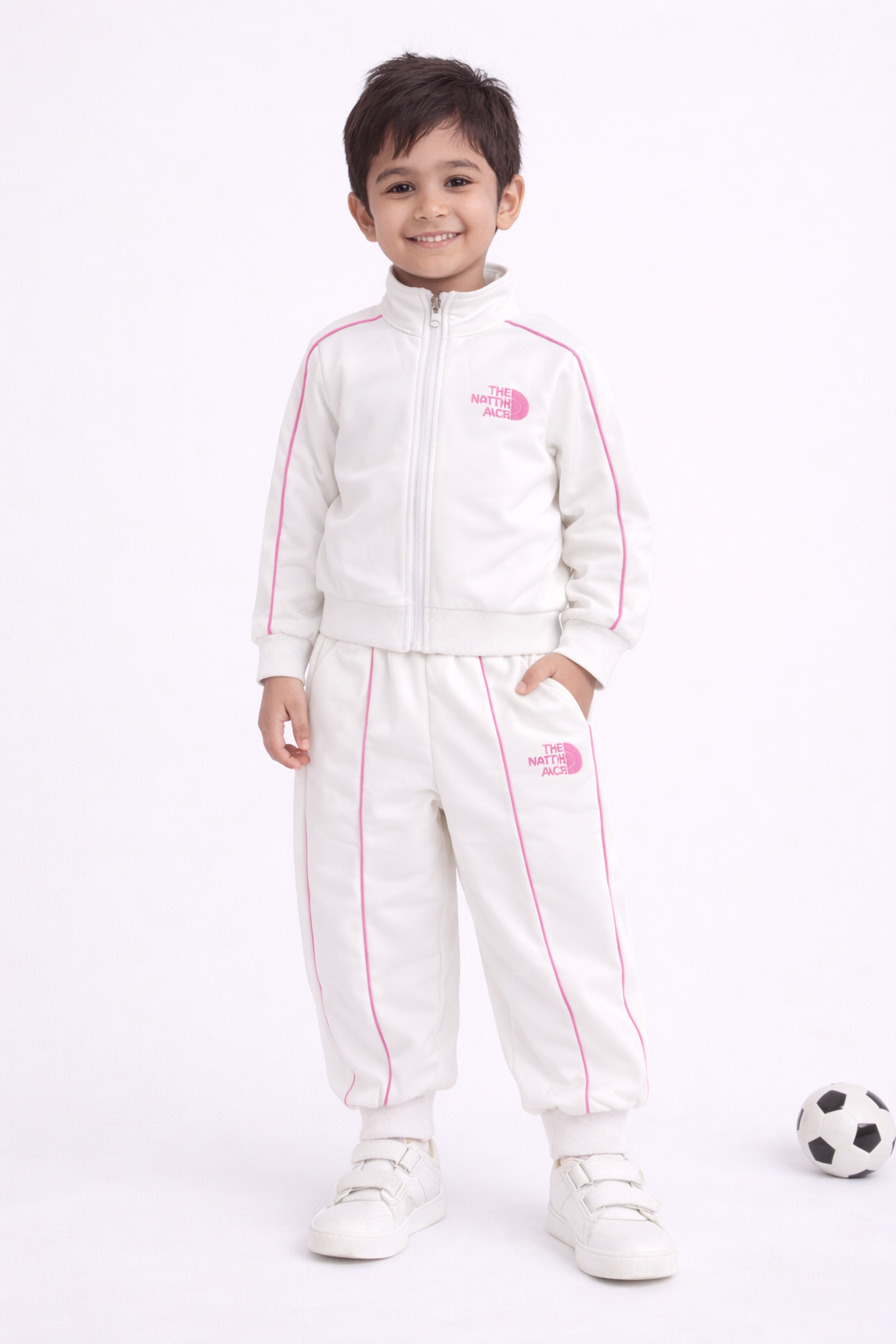 Kids White Full Sleeve Winter Tracksuit Set (Jacket + Pant)