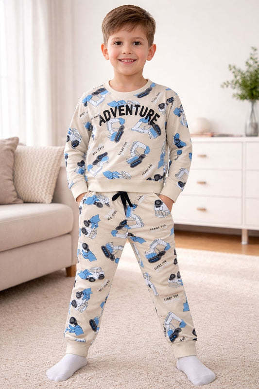 Kids Adventure Print Full Sleeve Night Suit Set (Top & Bottom)