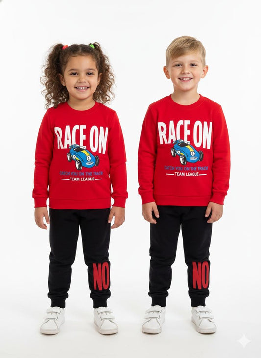 Kids Red Car Print Full Sleeve Tracksuit Set (Top & Bottom)