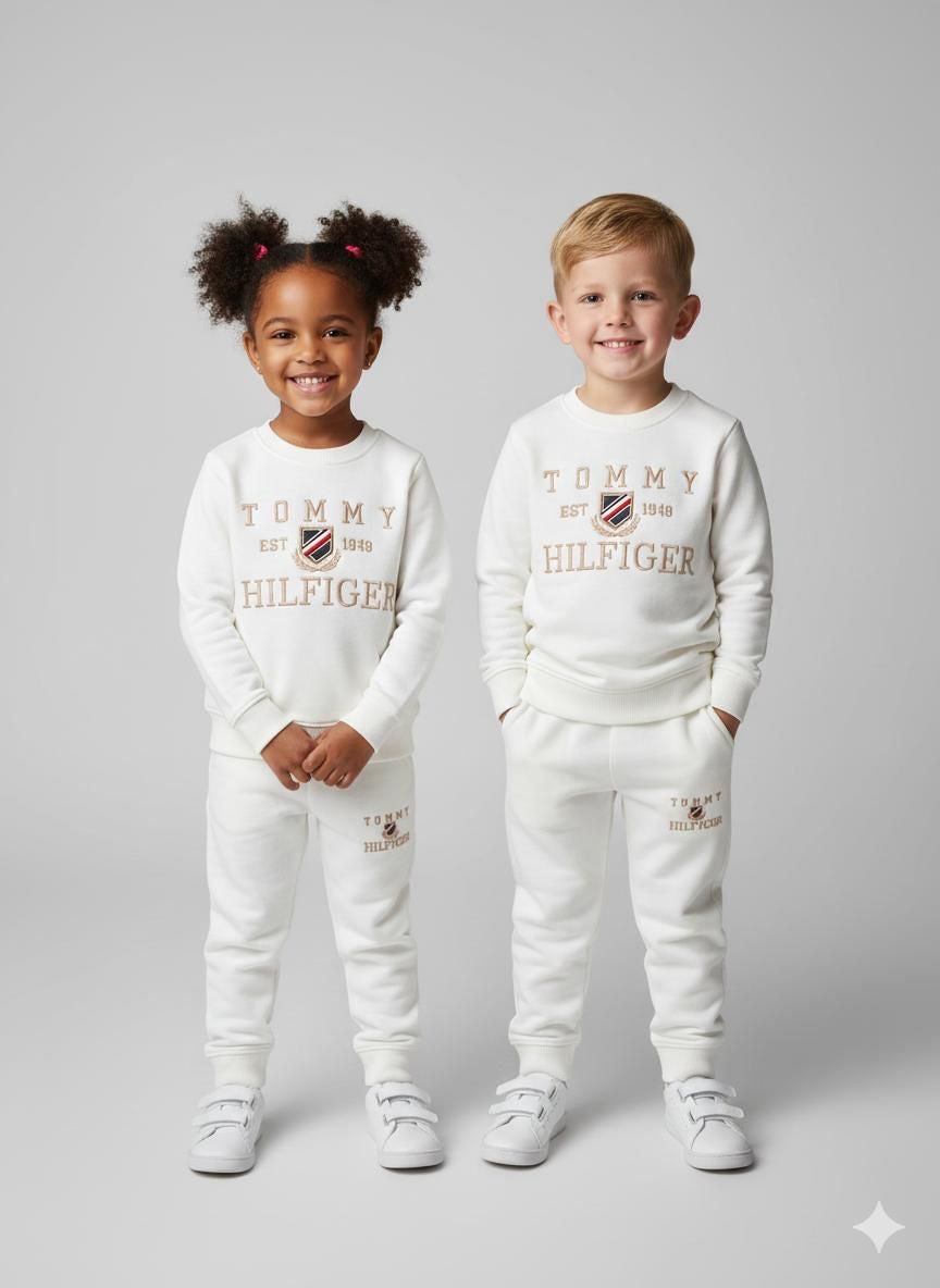 Kids White Logo Print Full Sleeve Tracksuit Set (Top & Bottom)