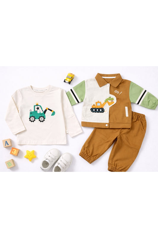 Kids 3 Piece Jacket Set – Go! Cartoon Print (Brown)